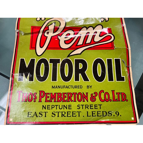 140 - 2 advertising  signs - one small enamel Metal Polish 18 x 13cm, rusted, and Premier Motor Oils paper... 