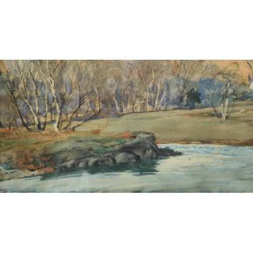 780 - Alfred Heaton Cooper (1864-1929):  Autumn river landscape with snow on hills behind, watercolour, si... 