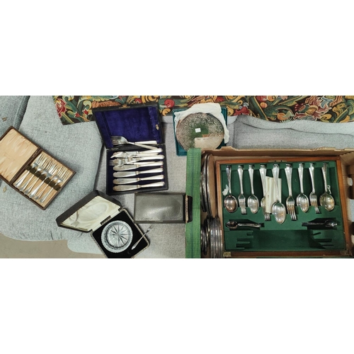 651 - A part canteen of cutlery in fitted box; other boxed cutlery; placemats; etc.