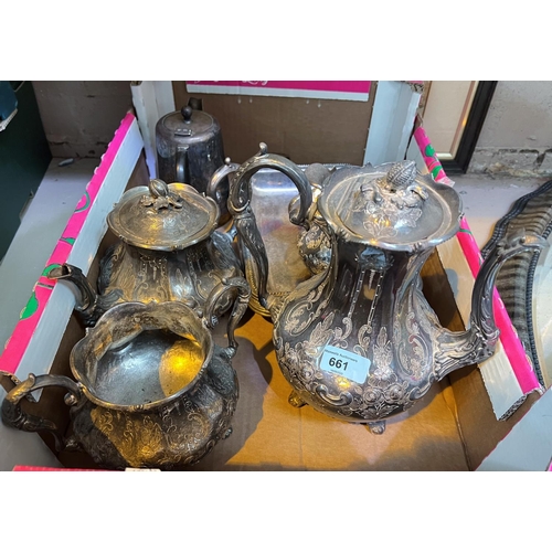 682 - A Victorian baluster 4 piece EPBM tea set with extensive chased decoration and other silverplate; a ... 