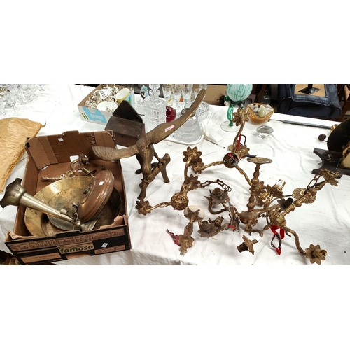 14 - A large brass figure of a bird, a selection of brass ceiling lights and other brass items etc
