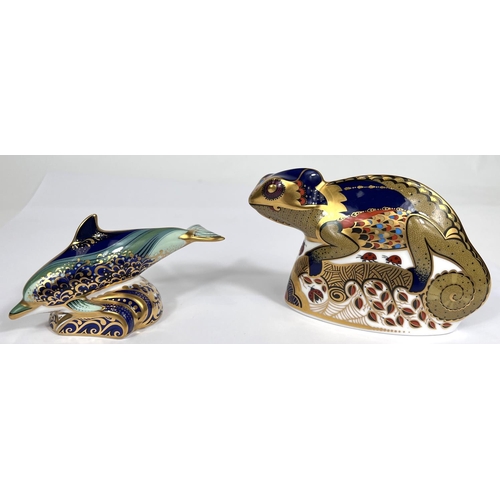 463B - Two Royal Crown Derby paperweights with gold backstoppers, Chameleon MMIV, baby Bottle Nosed Dolphin... 