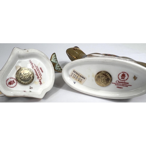 463B - Two Royal Crown Derby paperweights with gold backstoppers, Chameleon MMIV, baby Bottle Nosed Dolphin... 