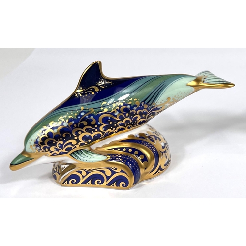 463B - Two Royal Crown Derby paperweights with gold backstoppers, Chameleon MMIV, baby Bottle Nosed Dolphin... 