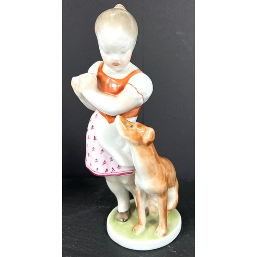 584A - A HEREND hand painted figure of a young girl with a dog 