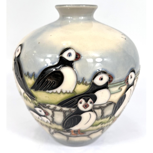 588 - A Moorcroft 'Puffin' Vase , WM struck with silver mark, height 18cm.