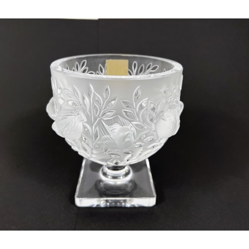 593 - A Lalique 'Elizabeth' goblet shaped vase with frosted glass birds in relief to the body on square fe... 