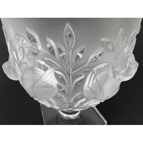 593 - A Lalique 'Elizabeth' goblet shaped vase with frosted glass birds in relief to the body on square fe... 