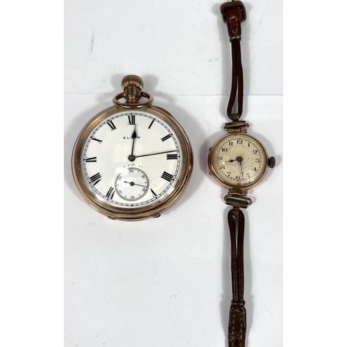 604 - A 9ct gold cased early 20th century wrist watch on a leather strap and a gold plated Elgin pocket wa... 