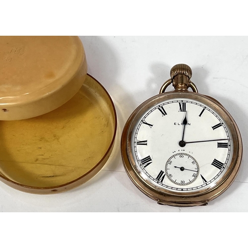 604 - A 9ct gold cased early 20th century wrist watch on a leather strap and a gold plated Elgin pocket wa... 