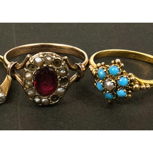 605 - 3 yellow metal (1 stamped 9ct) rings, one set with a turquoise and seed pearl, one set with a centra... 