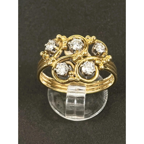 684 - An 18 carat hallmarked gold dress ring with 5 diamonds in scroll setting on ribbed shank, gross... 