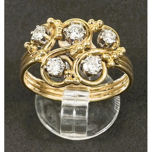 684 - An 18 carat hallmarked gold dress ring with 5 diamonds in scroll setting on ribbed shank, gross... 