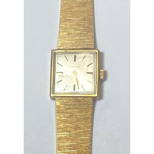 685 - A lady's Zenith wristwatch in 9 carat hallmarked gold case and integral strap, net weight 25gm