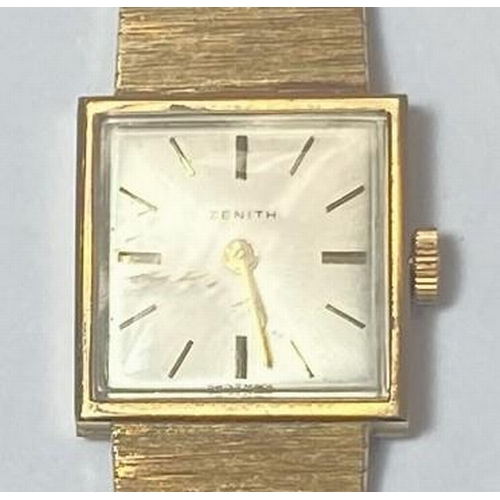 685 - A lady's Zenith wristwatch in 9 carat hallmarked gold case and integral strap, net weight 25gm