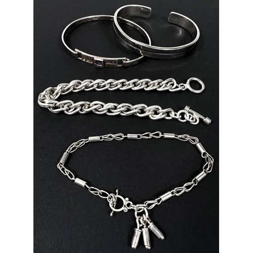 693B - Jensen style double London 2004 curb link bracelet, stamped 925 and another bracelet; 2 silver bangl... 