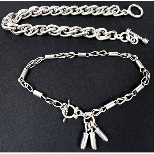 693B - Jensen style double London 2004 curb link bracelet, stamped 925 and another bracelet; 2 silver bangl... 