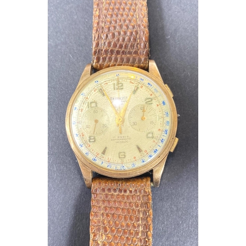 701 - An 18k stamped vintage chronograph wristwatch, Swiss movement (no winder) on leather strap, 37mm dia... 