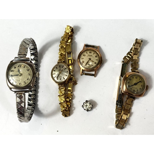 702 - Three 9ct gold backed ladies vintage wristwatches and another silver