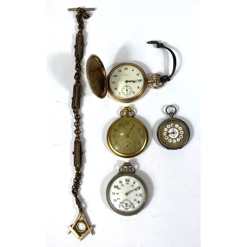 703 - A Lord open faced pocket watch, an Elgin gold plated watch and two others, a yellow metal masonic pe... 