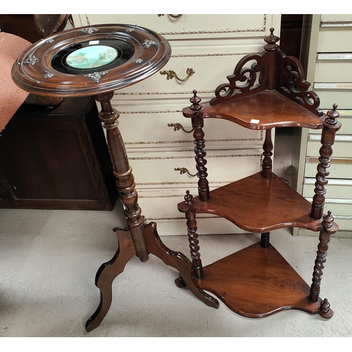 974 - A reproduction mahogany stand with inset picture to top; a three height mahogany whatnot