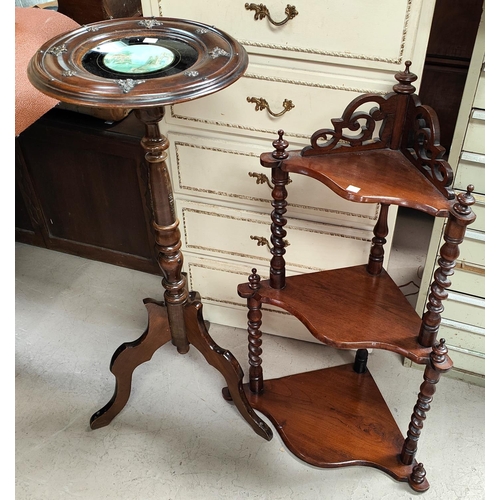 974 - A reproduction mahogany stand with inset picture to top; a three height mahogany whatnot