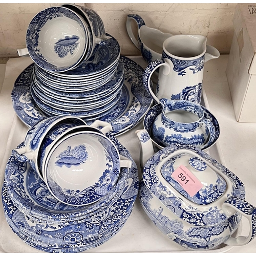 591 - A Spode Italian blue and white part dinner service, teapot etc.