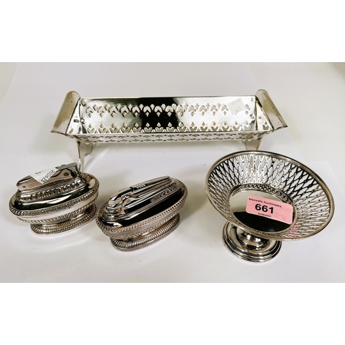 661 - Two Dunhill silver plated table lighters; a sugar & cream cruet; various silver plated servers; ... 