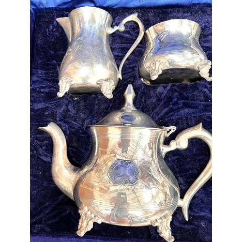 708 - An EPNS 3 piece tea service, cased; a plated coaster;  pewter dish; a sugar scuttle; scales; et... 