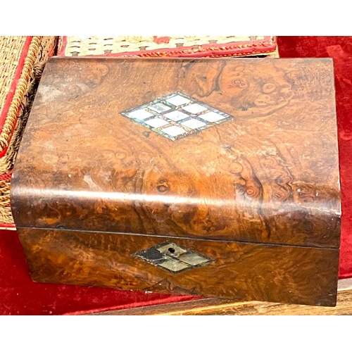 17 - A 19th century walnut mother of pearl inlaid sewing box with contents and a selection of other sewin... 