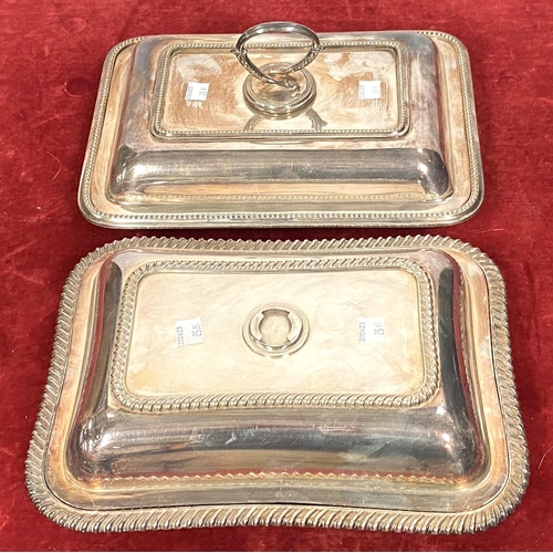 25B - A rectangular beaded covered entree dish with ring handle; a similar dish (no handle)