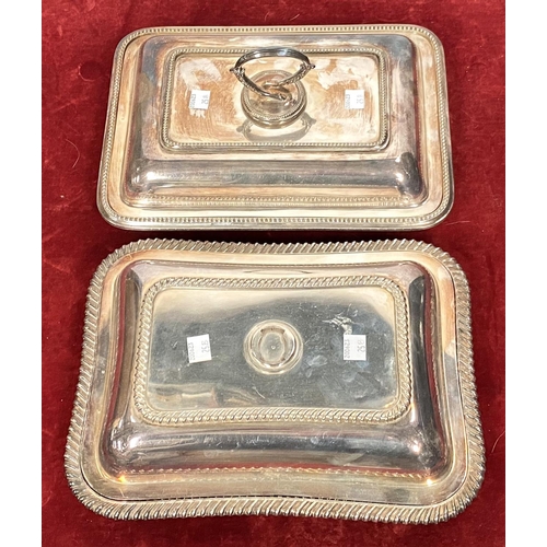 25B - A rectangular beaded covered entree dish with ring handle; a similar dish (no handle)