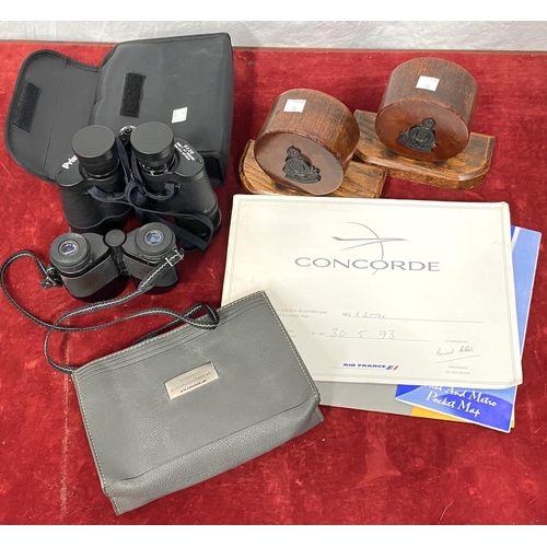 26 - A selection of Concorde related items, small bag; etc.; 2 pairs of binoculars; an oak pair of booken... 