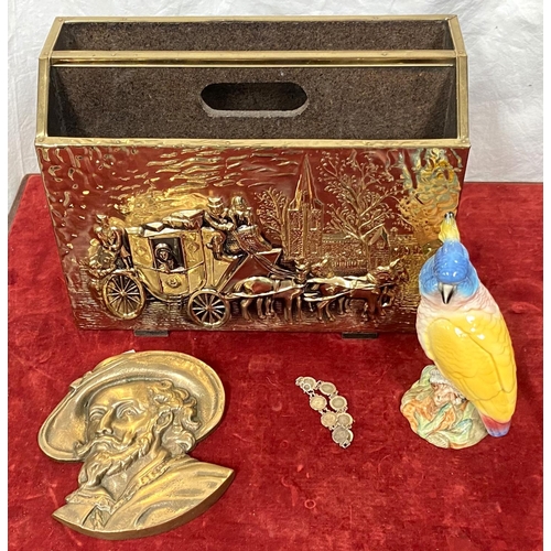 34 - A Beswick Cockatoo, a brass magazine rack, a silver 3d bracelet, a brass ornament