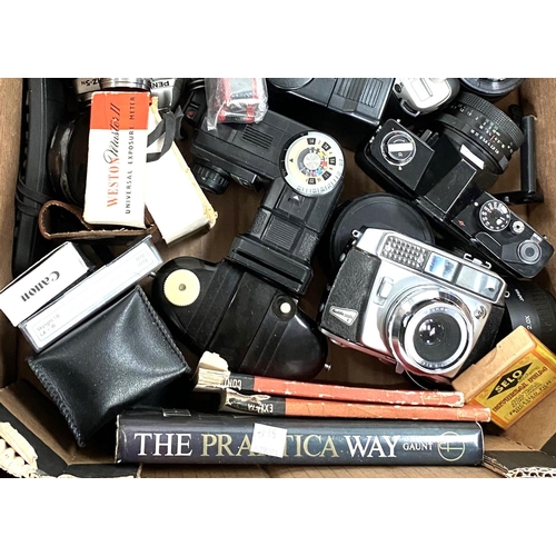 54A - A selection of cameras and photographic accessories including Praktica SLR, Pentax, Baldur, Edixa, A... 