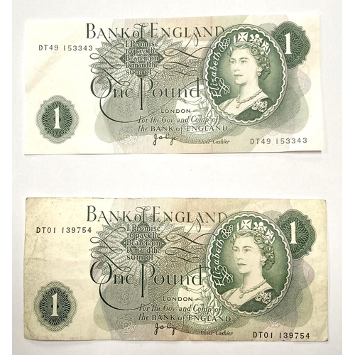 63 - Two page £1 notes (one with second number offset)