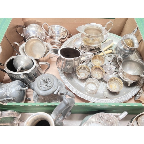 698 - A silver plated gallery tray and various silver plated part tea sets etc.