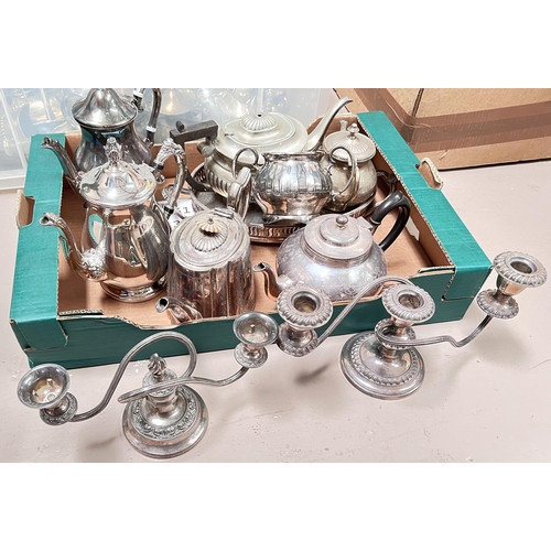 698E - A selection of silver plate, including 2 x 3 branch candelabra.