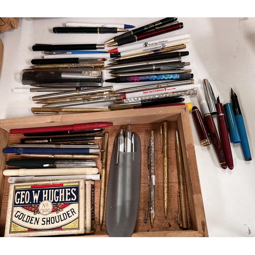 A selection of vintage pens, Hughes Golden Shoulder fountain pen nibs etc
