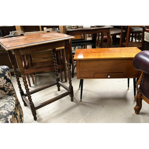 968 - A 1960's sapele workbox/occasional table; an oak barley twist occasional table with rectangular top