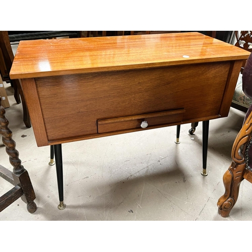 968 - A 1960's sapele workbox/occasional table; an oak barley twist occasional table with rectangular top