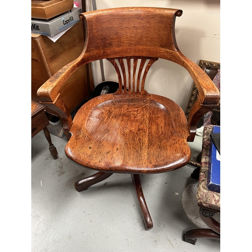 987 - A 1930's oak office chair on trefoil base and 2 inlaid mahogany Art Nouveau dining chairs