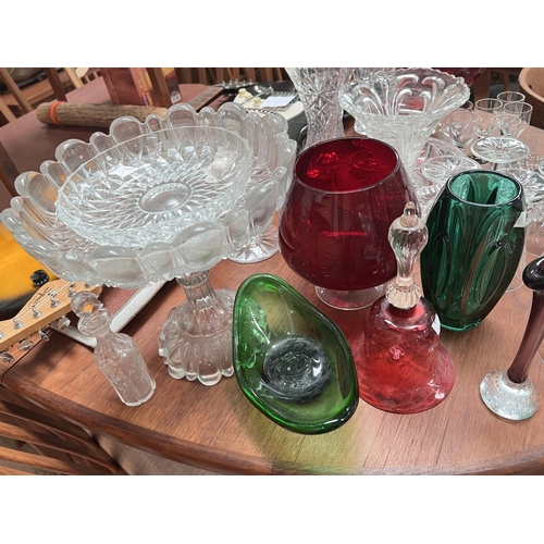 599 - A glass large 2 piece table centre; a cranberry bell; decorative glassware