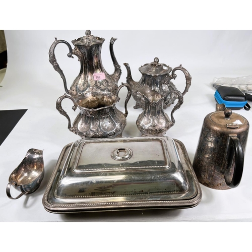 682 - A Victorian baluster 4 piece EPBM tea set with extensive chased decoration and other silverplate; a ... 