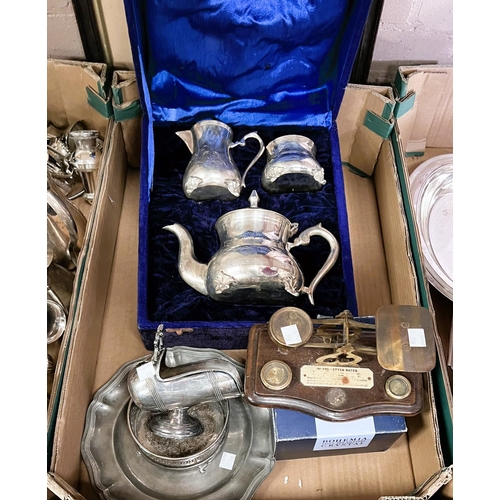 708 - An EPNS 3 piece tea service, cased; a plated coaster;  pewter dish; a sugar scuttle; scales; et... 