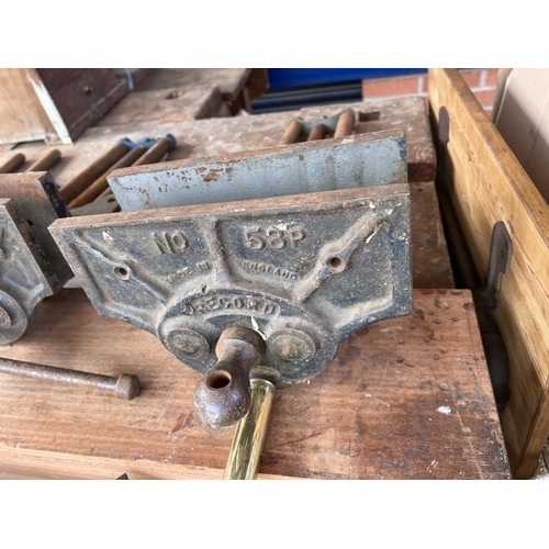 75C - Two record and a wooden vice grip for work benches