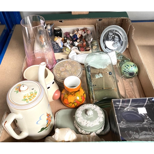 11 - A selection of china and glass: a vintage ship in bottle; a 1970's Poole vase; a Nao figure; miniatu... 