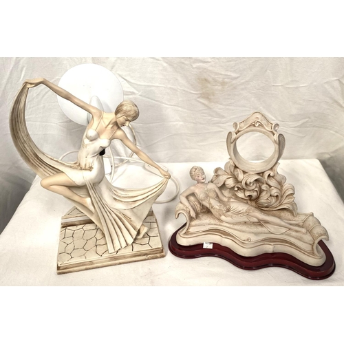 2 - An Art Dec style table lamp in white resin, with female dancer; a similar group with reclining woman