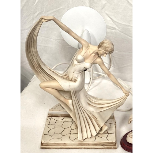 2 - An Art Dec style table lamp in white resin, with female dancer; a similar group with reclining woman