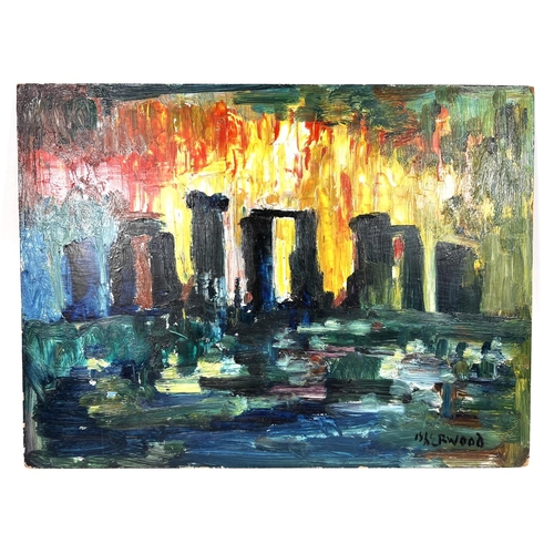 784 - Laurence Isherwood:&nbsp; Stonehenge in vivid colours, oil on board, signed, 31 x 41cm, unframed